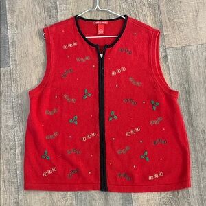 Vintage Red Knit Holiday Vest with Black Trim Embroidered Christmas Sweater hoho